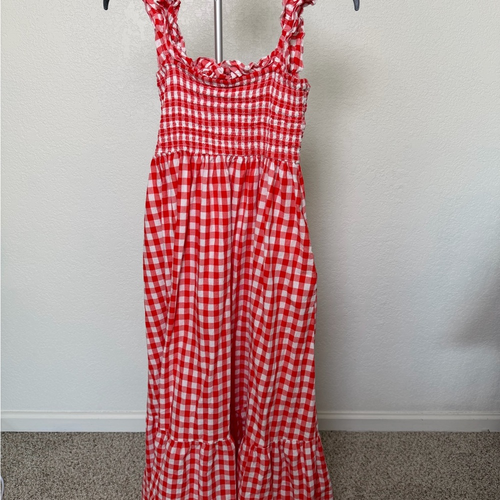 Red Gingham Smocked Maxi Dress with Ruffle Straps